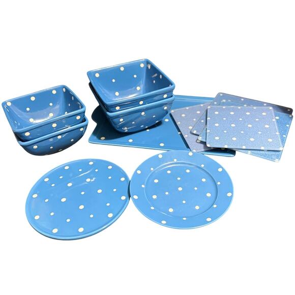 Temptations by Tara Stoneware Serving Set - Blue Polka Dots - 11 Pieces - Picture 1 of 14